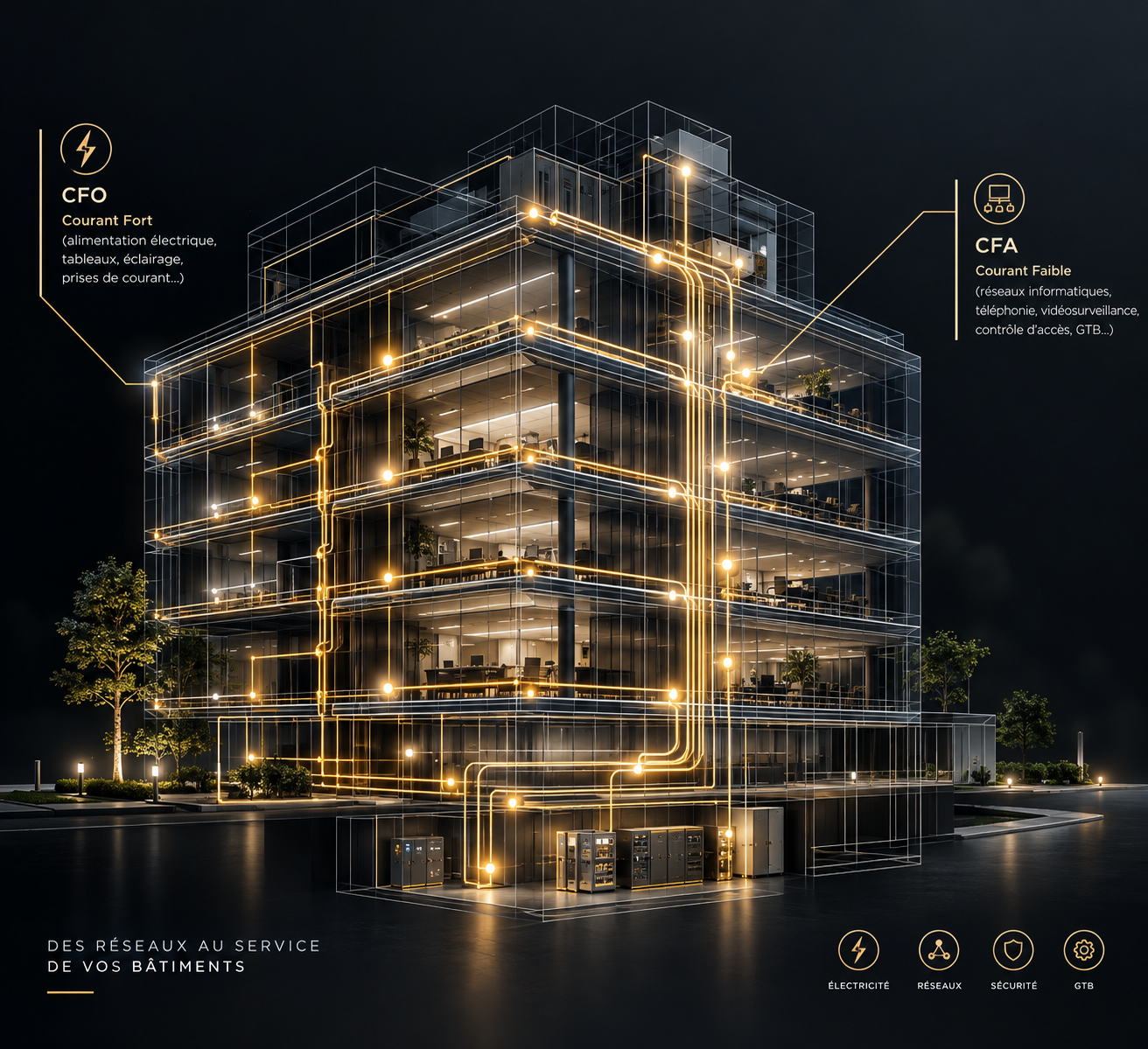 Rendu 3D d'un bâtiment mettant en lumière ses réseaux électriques courants forts (CFO) et courants faibles (CFA)