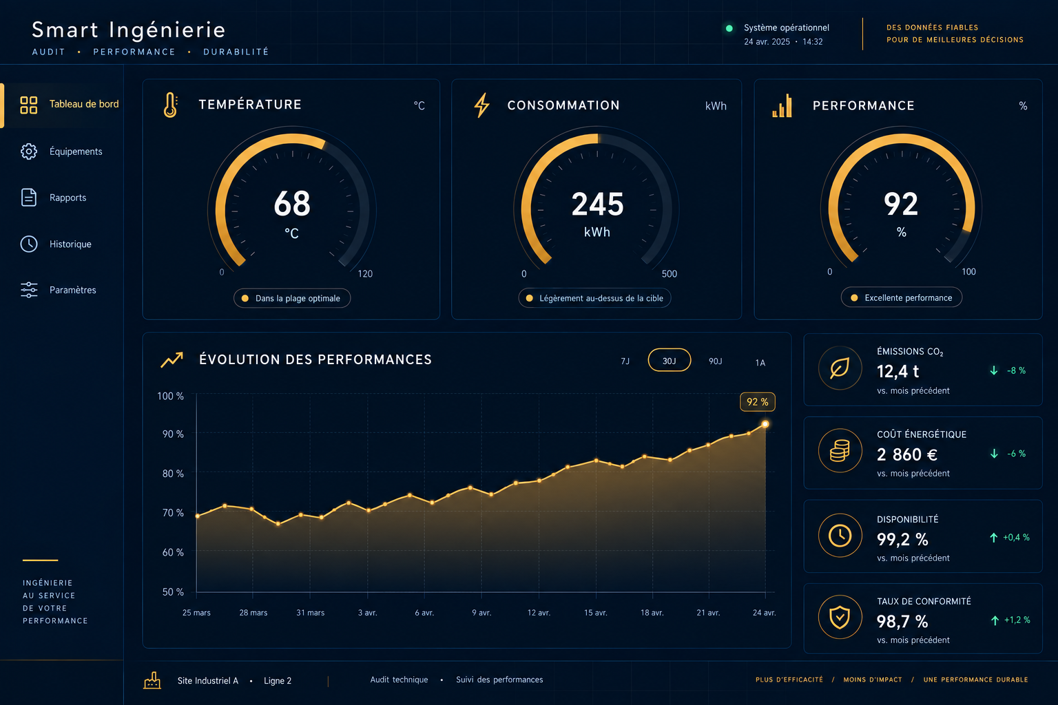 Tableau de bord technique présentant des jauges de température, consommation et performance, un graphique d'évolution et des indicateurs d'émissions CO2, de coût énergétique, de disponibilité et de conformité
