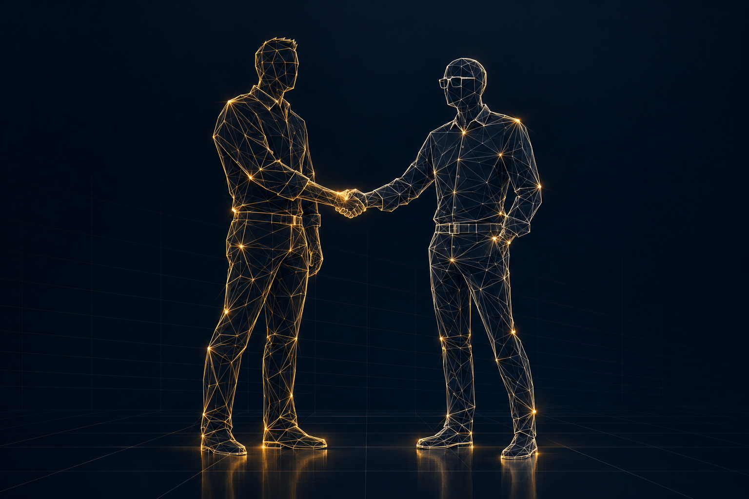 Illustration filaire dorée de deux personnes se serrant la main, symbolisant la gouvernance et la relation de confiance avec les clients