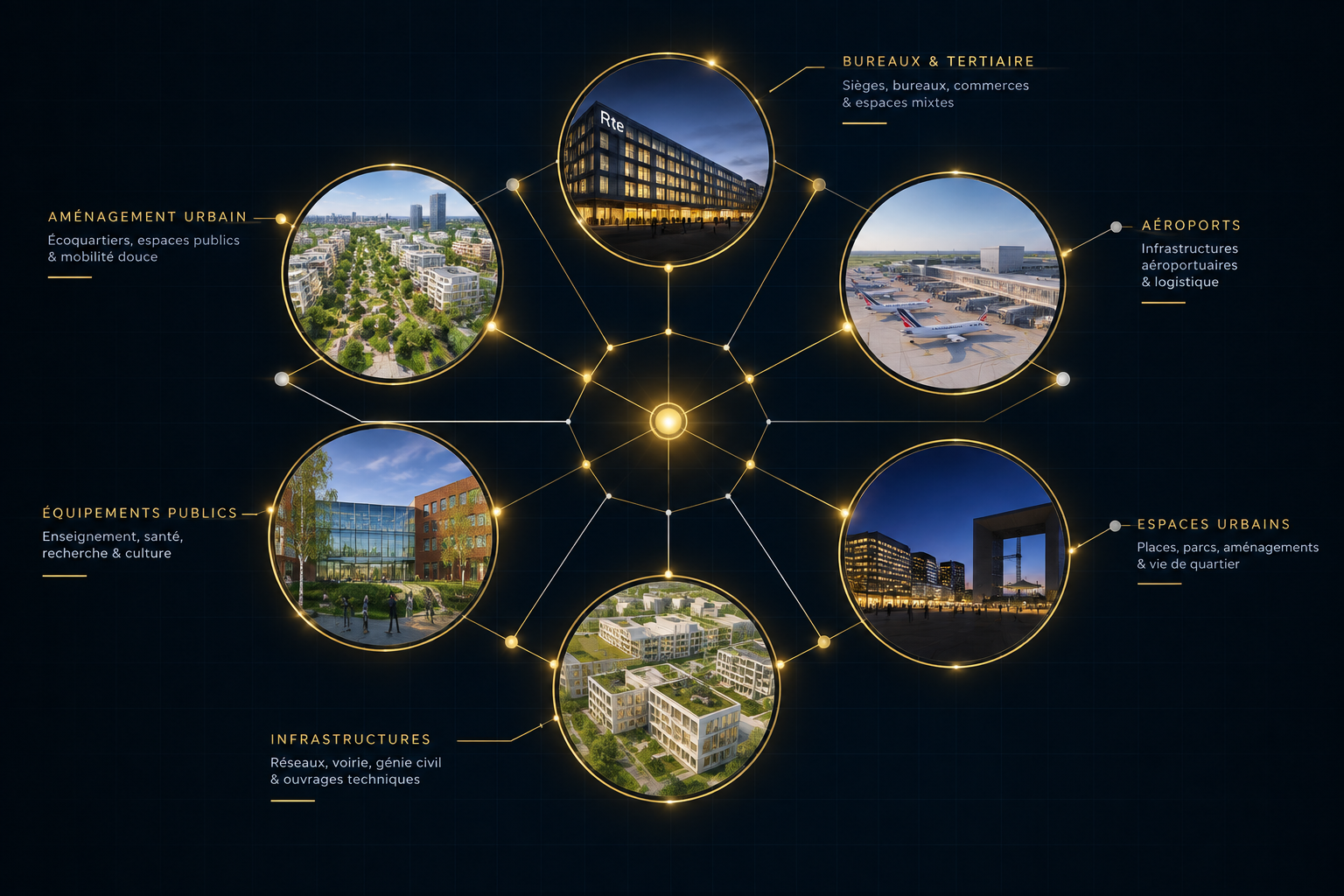Mosaïque de photos de projets illustrant les secteurs d'intervention de Smart Ingénierie : Bureaux & Tertiaire, Aéroports, Espaces urbains, Infrastructures, Équipements publics, Aménagement urbain